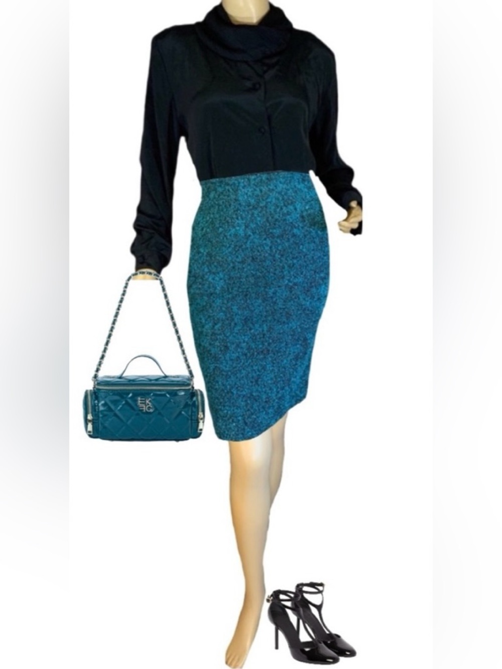 TEAL & BLACK WOOL & MOHAIR VINTAGE 1990'S PENCIL SKIRT (8P)
